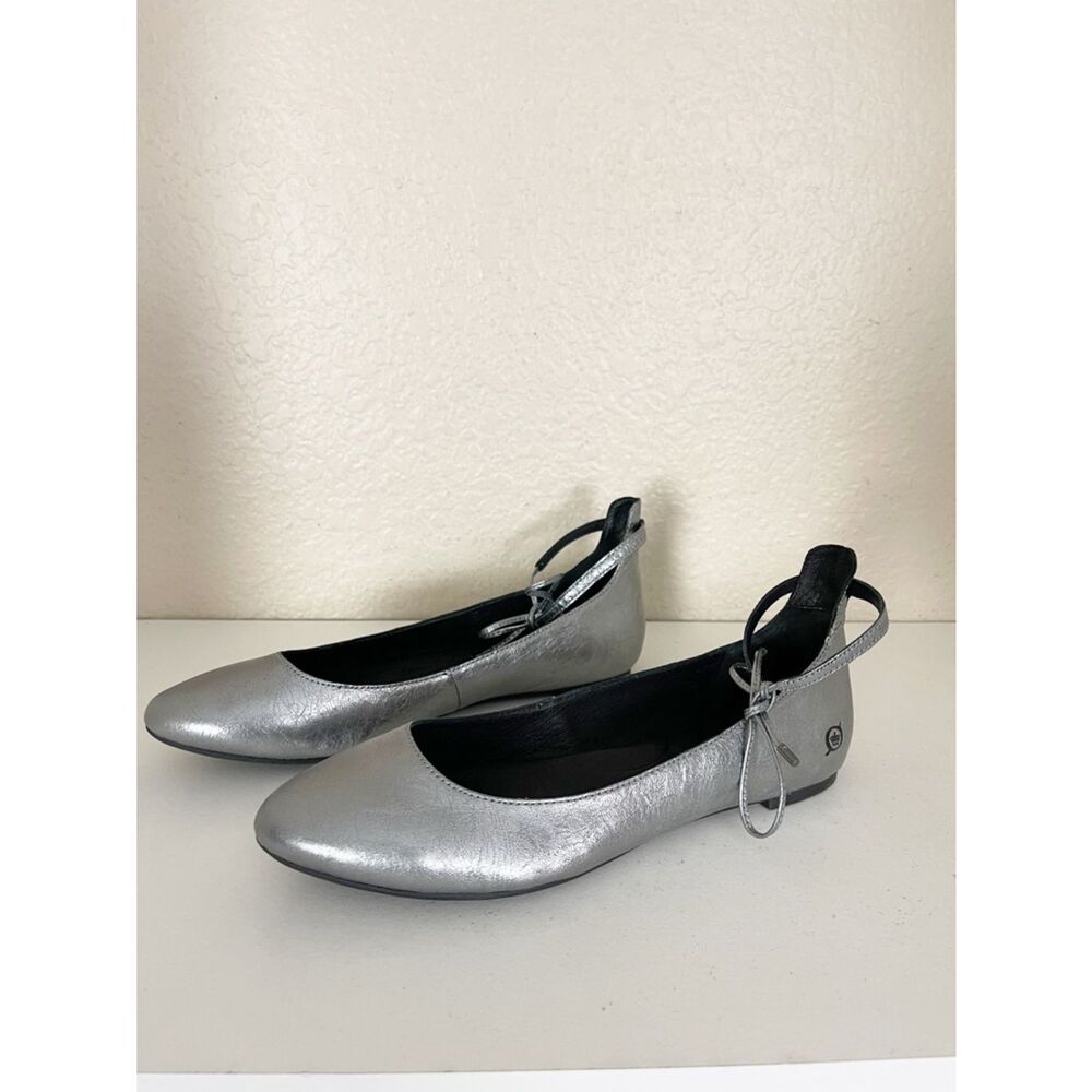 Born Kharen Metallic Silver Ankle Tie ballet Flats - Picture 2 of 7